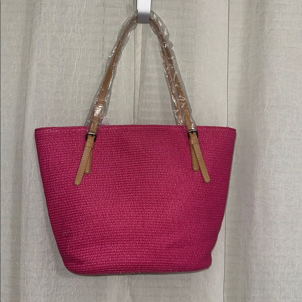 Fuchsia Pink TanβStraw Faux Leather Straps Tote Bag - Picture 4 of 12